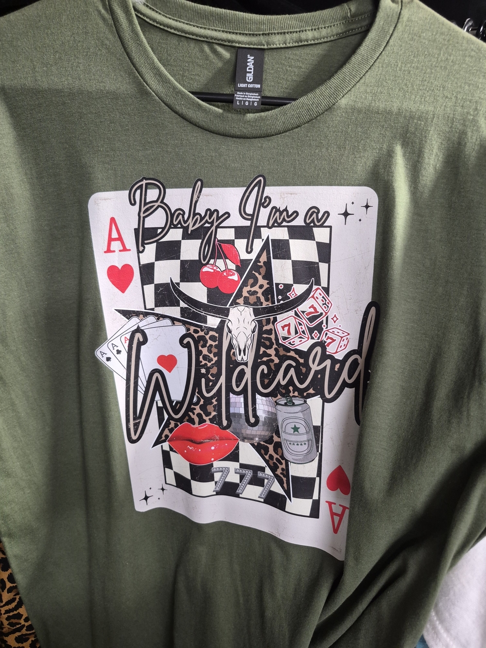 Gildan Olive Green Graphic Tee with Casino Pop Art